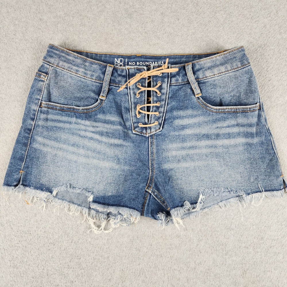 No Boundaries Jean Shorts Womens 7 Blue Denim Stretch Lace Up Front Raw Hem
